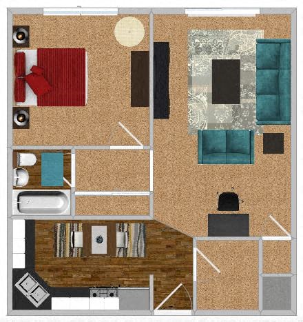 Floor plan for 1 bed, 1 bath, 800 sqft